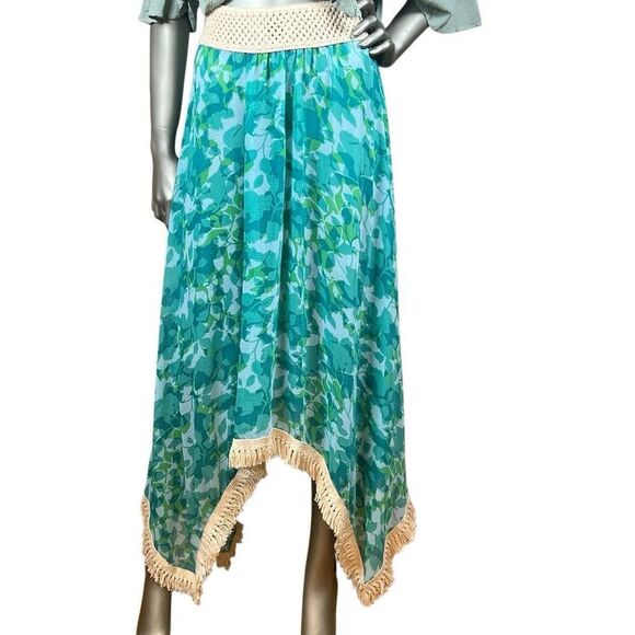 Ramy Brook Floral Printed Riviera Skirt Turquoise XS S Handkerchief Hem Tassel T - Picture 4 of 15